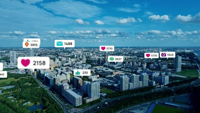 Modern cityscape and mobile app notifications concept. Social media marketing. Composite visual with a drone point of view. Mixed media.