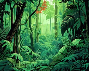 The tropical jungle has lush green foliage. (Illustration, Generative AI)