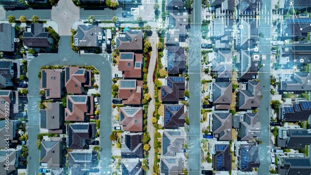 Aufkleber Modern residential are and digital technology concept. IoT (Internet of Things). Smart house. Digital transformation. Composite visual with a drone point of view. Mixed media.
