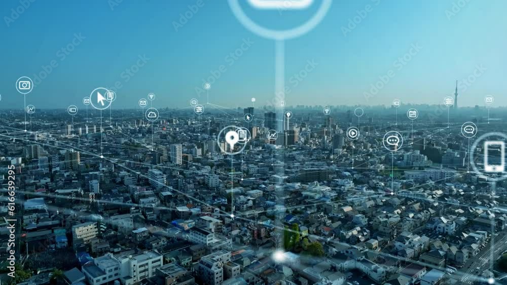 Poster Modern cityscape and communication network concept. Telecommunication. IoT (Internet of Things). 5G. Smart city. Digital transformation. Composite visual with a drone point of view. Mixed media.