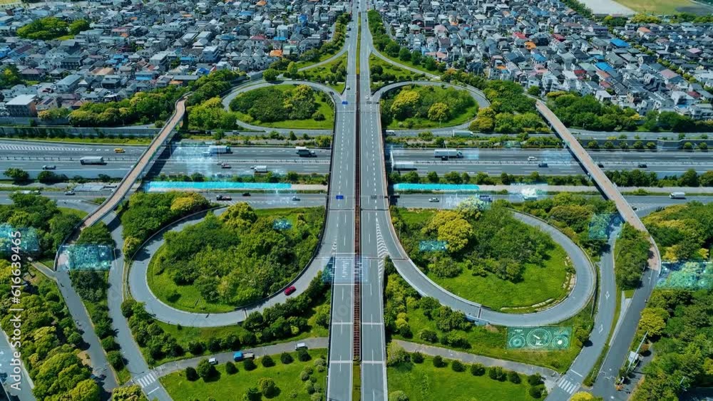 Poster Modern highway and Data technology concept. Smart transportation. ITS (Intelligent Transport Systems). Mobility as a service.Composite visual with a drone point of view. Mixed media.