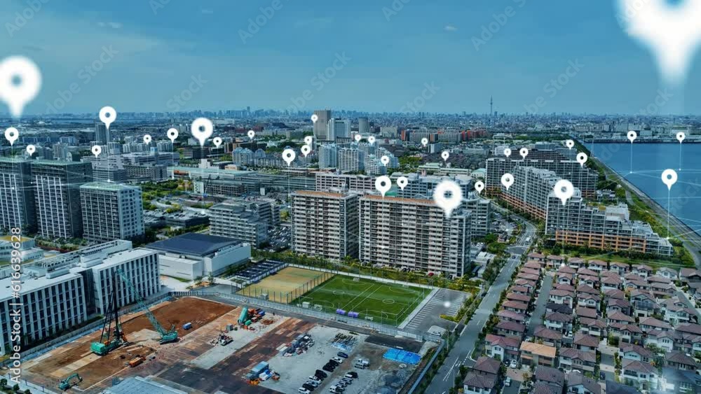 Poster Modern cityscape and location information concept. GPS. Global Positioning System. Navigation map. Composite visual with a drone point of view. Mixed media.