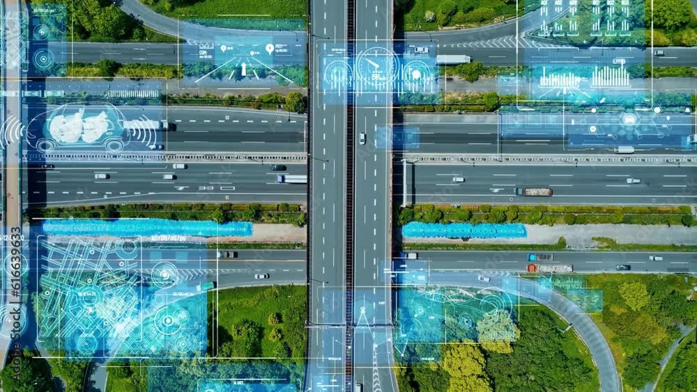 Poster Modern highway and Data technology concept. Smart transportation. ITS (Intelligent Transport Systems). Mobility as a service.Composite visual with a drone point of view. Mixed media.