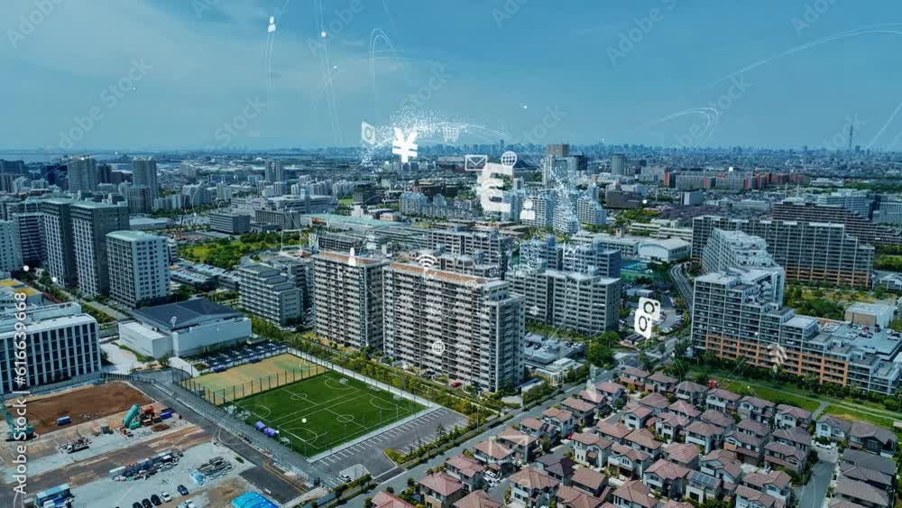 Poster Modern cityscape and communication network concept. Telecommunication. IoT (Internet of Things). 5G. Smart city. Digital transformation. Composite visual with a drone point of view. Mixed media.