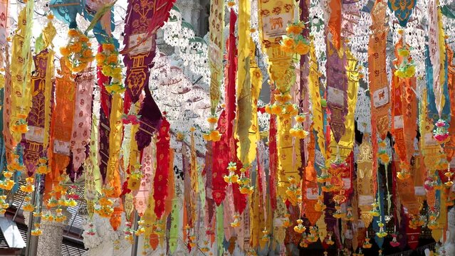 a type of hanging flag in the lanna art of northern thailand  Colorful Songkran decorations, Chiang Mai Thailand