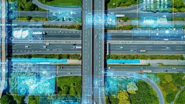 Modern highway and Data technology concept. Smart transportation. ITS (Intelligent Transport Systems). Mobility as a service.Composite visual with a drone point of view. Mixed media.