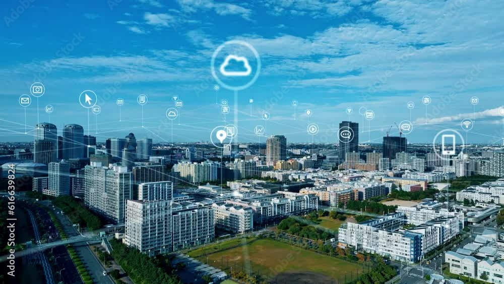 Poster Modern cityscape and communication network concept. Telecommunication. IoT (Internet of Things). 5G. Smart city. Digital transformation. Composite visual with a drone point of view. Mixed media.
