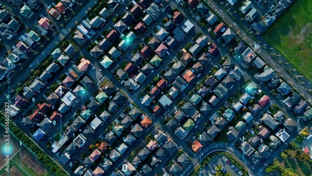 Aufkleber Modern cityscape and communication network concept. Telecommunication. IoT (Internet of Things). 5G. Smart city. Digital transformation. Composite visual with a drone point of view. Mixed media.