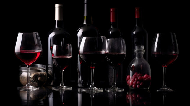 Rotwein-Eleganz: Flaschen und Gläser auf schwarzem Hintergrund