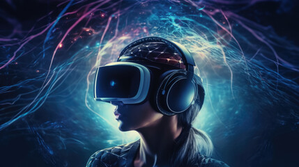 woman in vr helmet on virtual reality background. future technologies, cyber attacks. generative AI