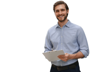 portrait of a smiling young warehouse worker working in a cash and carry wholesale store on a transparent background.