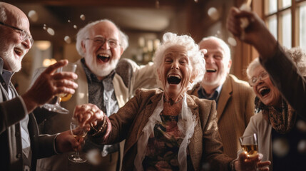 Lebensfreude in jedem Alter: Fröhliche Senioren tanzen und lachen - obrazy, fototapety, plakaty