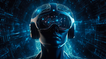 woman in vr helmet on virtual reality background. future technologies, cyber attacks. generative AI