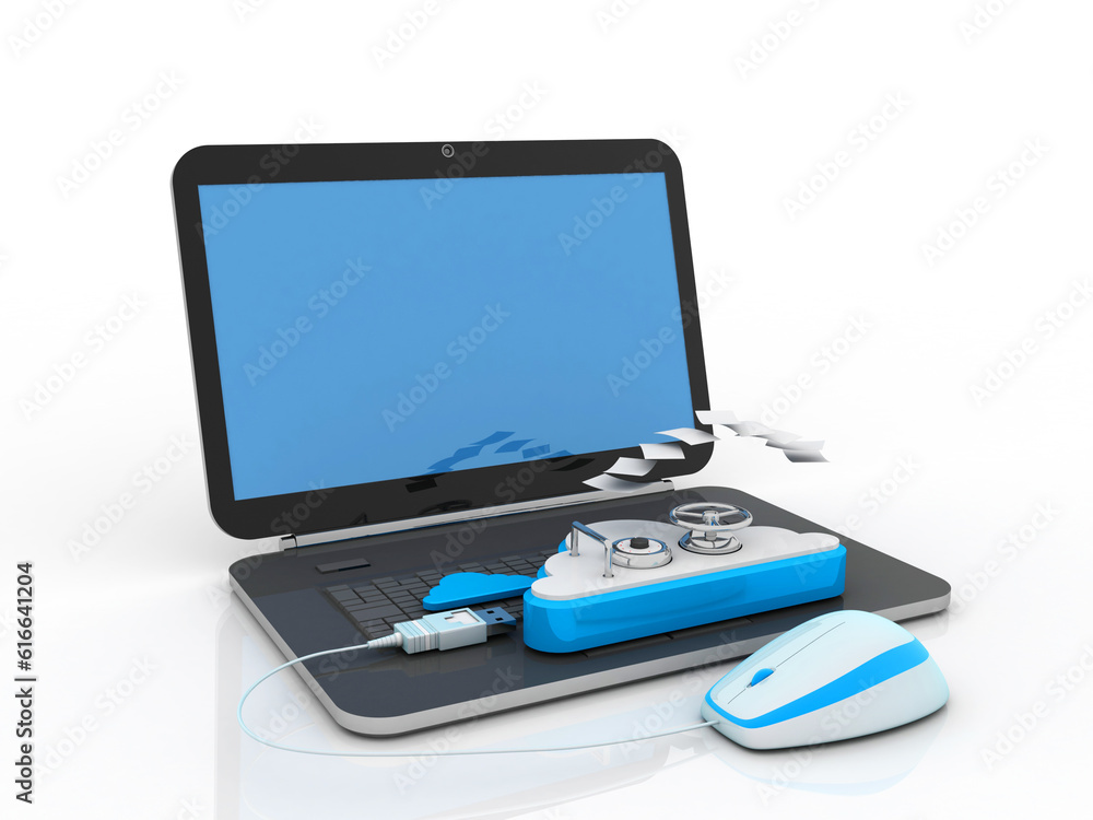 Poster 3d rendering cloud lock in laptop connected mouse