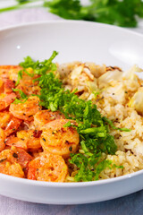 Fried Shrimp with Butter Rice and Cauliflower
