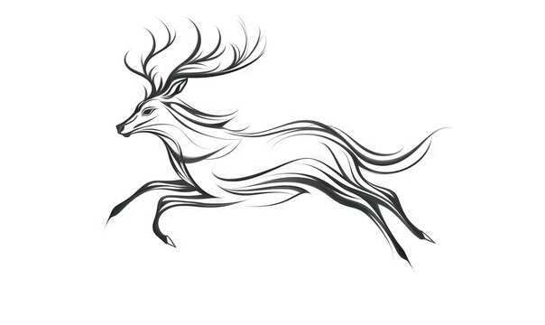  a black and white drawing of a running deer with long hair.  generative ai