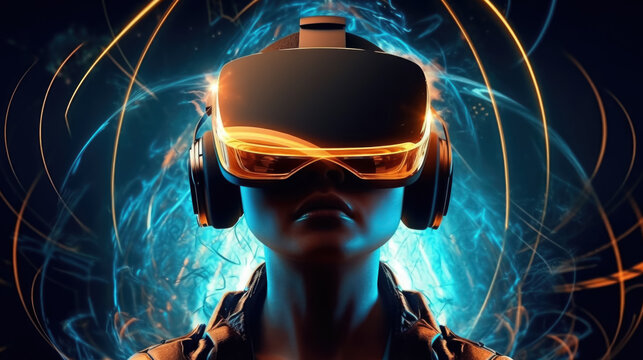 woman in vr helmet on virtual reality background. future technologies, cyber attacks. generative AI