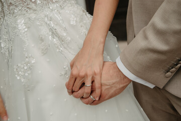 boda, novia, falda, mano, mujer, amor, casado, anillas, nupcial, ceremonia, moda, novio, indumentaria, participación