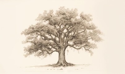  a pencil drawing of a tree in the middle of a field.  generative ai