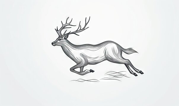  a drawing of a deer running through the snow with antlers on its head.  generative ai