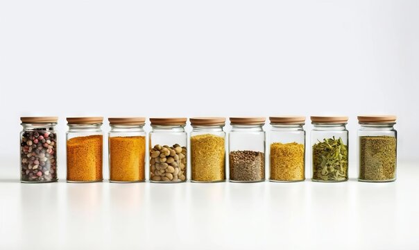  a row of glass jars filled with different types of spices.  generative ai