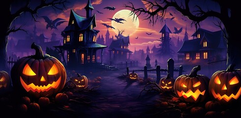 Fototapeta na wymiar halloween themed cartoon background with pumpkins, creepy ghosts, and witches, in the style of dark pink and orange