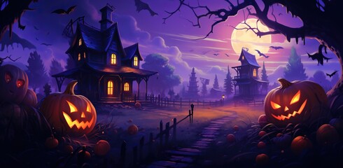 Fototapeta premium halloween themed cartoon background with pumpkins, creepy ghosts, and witches, in the style of dark pink and orange