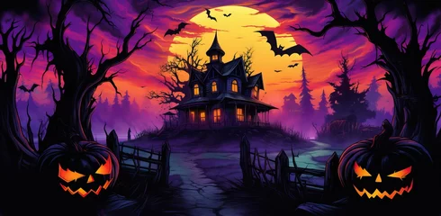 Deurstickers Violet halloween themed cartoon background with pumpkins, creepy ghosts, and witches, in the style of dark pink and orange