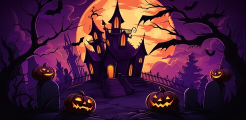 halloween themed cartoon background with pumpkins, creepy ghosts, and witches, in the style of dark pink and orange
