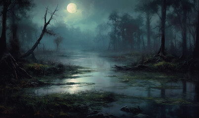  a painting of a swamp at night with a full moon.  generative ai