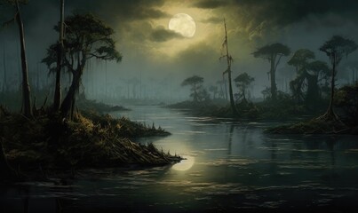 Fototapeta na wymiar a painting of a swamp at night with a full moon. generative ai
