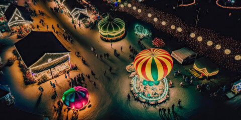Aerial downward view of a carnival parade at night - Generative AI