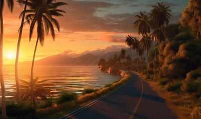  a painting of a sunset on a tropical island with palm trees.  generative ai