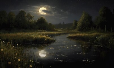  a painting of a river at night with a full moon.  generative ai