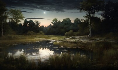 Obraz premium a painting of a swamp at night with a full moon. generative ai