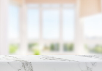 Empty marble table near living room window background for product backdrop