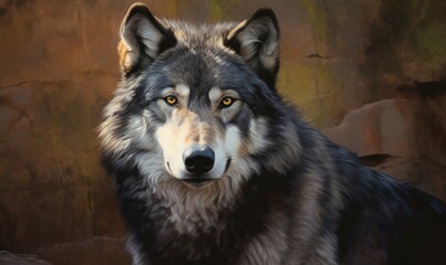  a painting of a wolf with yellow eyes and a brown background.  generative ai