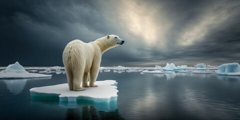 Plakat A majestic polar bear standing on the edge of an ice floe with a beautiful icy landscape in the background - Generative AI