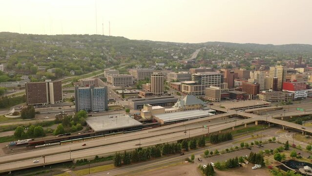 Aerial view of Downtown Duluth, Minnesota, United States. Cityscape, skyline. Spring Summer, sunset