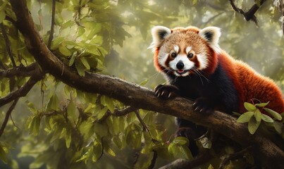  a painting of a red panda sitting on a tree branch.  generative ai