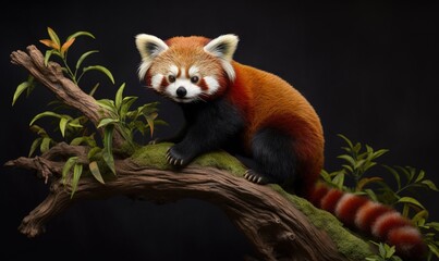 Fototapeta premium a red panda sitting on top of a tree branch in a forest. generative ai