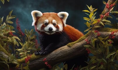 Fototapeta premium a red panda sitting on top of a tree branch in a forest. generative ai