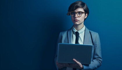 corporate girl with eyeglasses in business attire holding laptop, blue background, blue theme