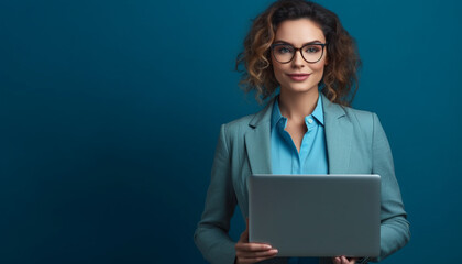 corporate girl with eyeglasses in business attire holding laptop, blue background, blue theme