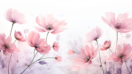 gorgeous pink flowers blowing in the wind white background, like watercolor paint