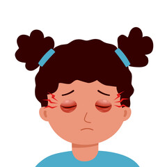 Girl child with swollen eyes in flat design on white background.