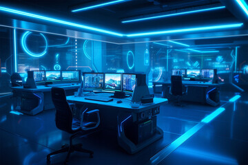 futuristic computer lab with bright blue lighting 