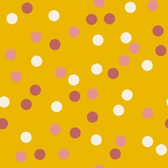 Hand drawn seamless pattern with beige marsala geometric circles on vintage yellow. Large abstract polka dot round shapes, minimalist mid century modern style, neutral retro vintage style, fashion