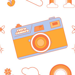 World Photography Day. August 19. Seamless Pattern in retro groovy style. Holiday concept for Digital paper, Scrapbooking and Background.