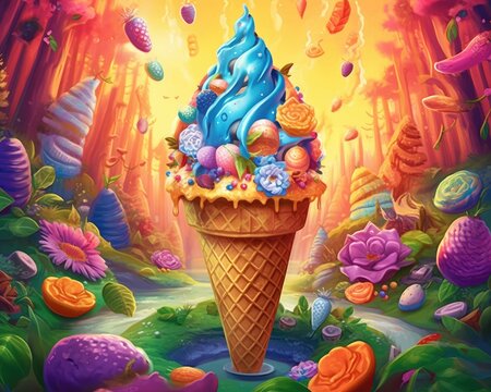 Bright, colorful toppings on soft ice cream in crispy cones. (Illustration, Generative AI)